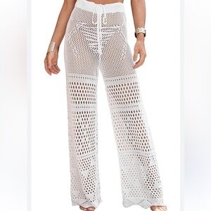 High Waist Crochet Flare Pants White Beach Swim Cover Up Boho Vacation Size M